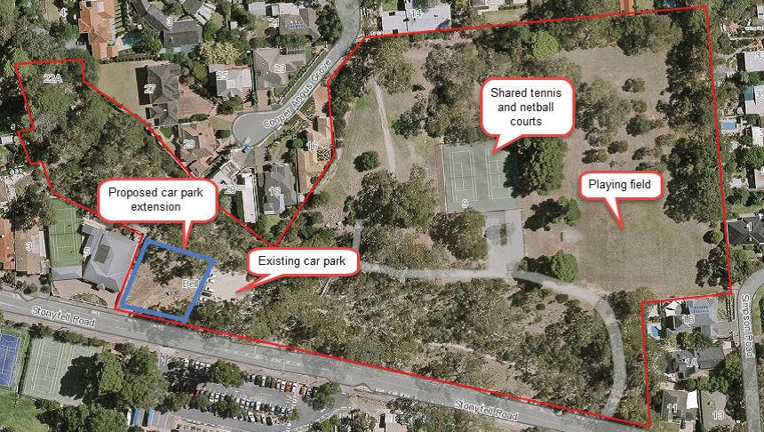 Aerial view of Bell Yett Reserve indicating the existing and proposed expansion of the public car park.