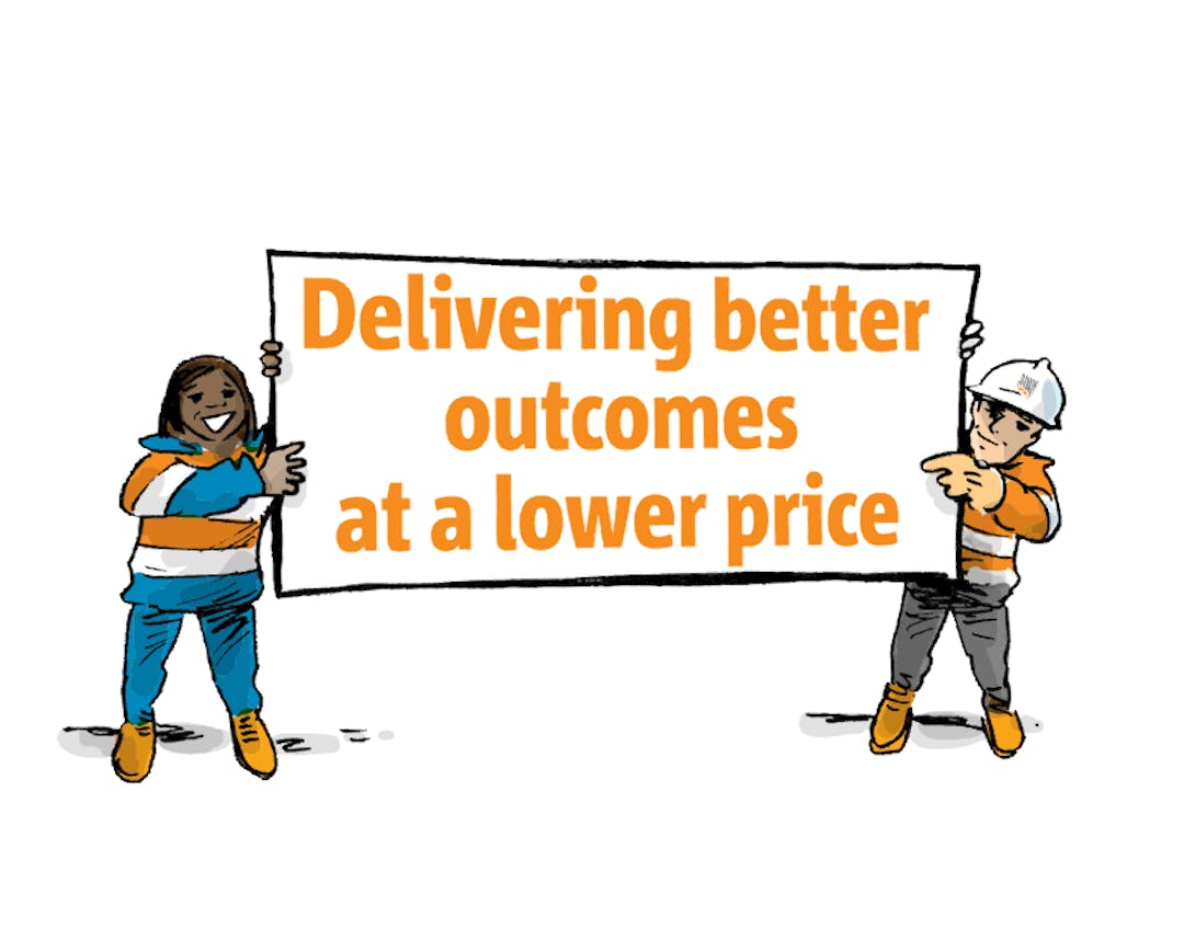 Delivering better outocmes at a lower price SA Power Networks cartoon staff holding a sign saying Delivering better outcomes at a lower price