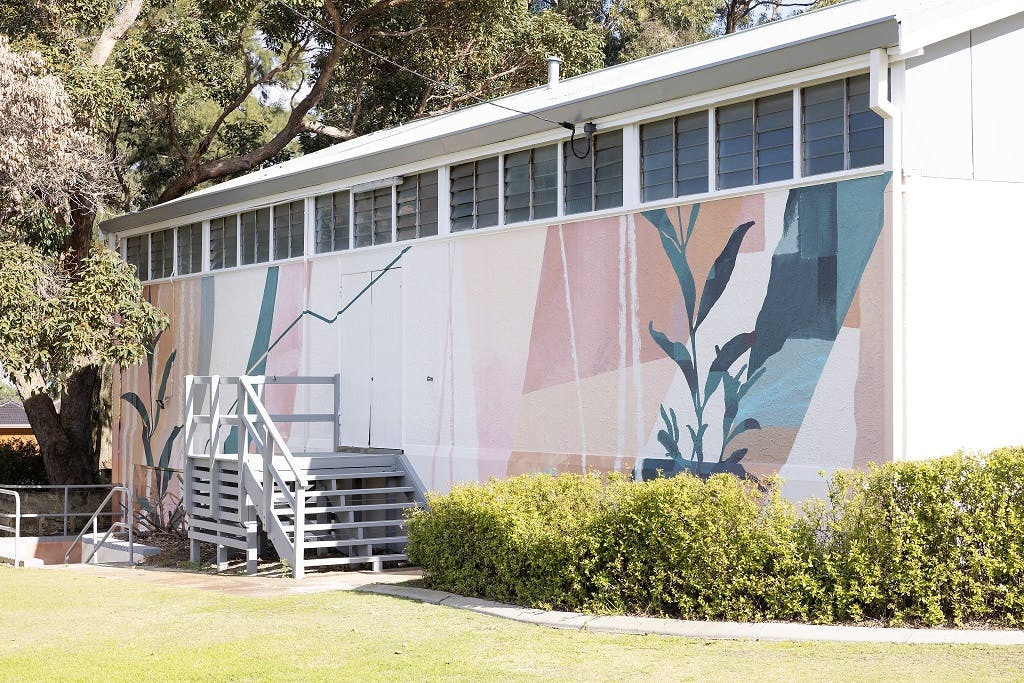 View of the finished Moresby Street Hall mural from Douglas Avenue