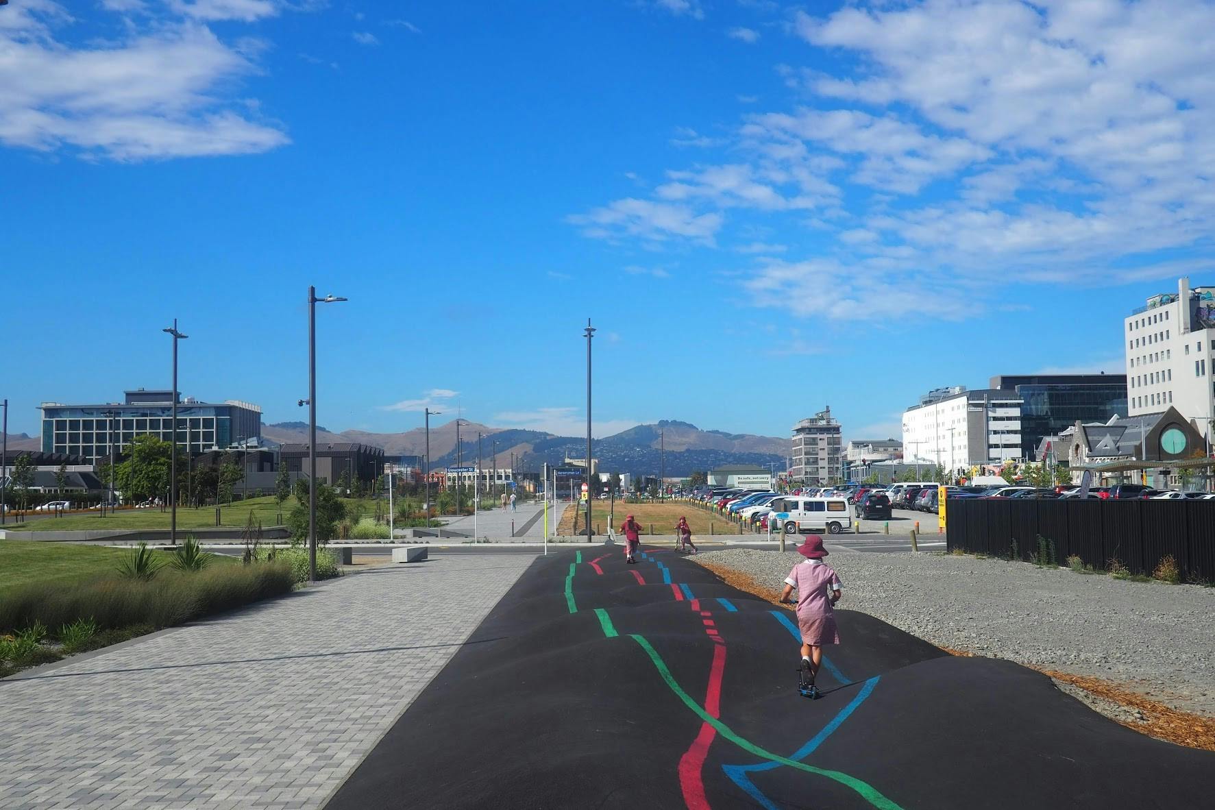 Example of pump track at Margaret Mahy playground, Christchurch