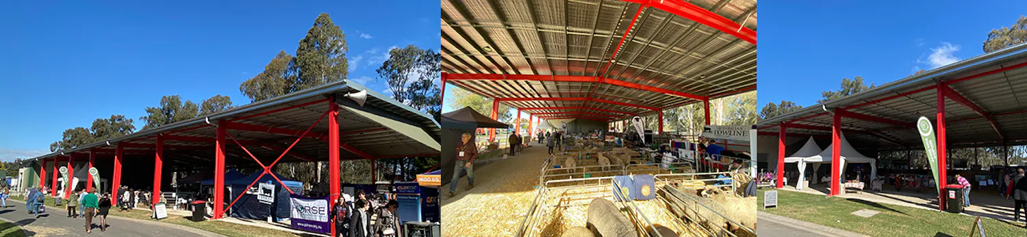 A red open sided shed with people, animals and hay