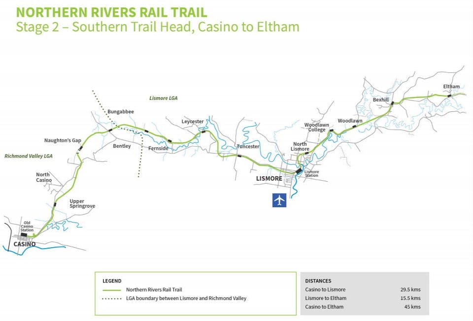 Norther Rivers Rail Trail Stage 2 Map - Southern Trail Head, Casino to Eltham