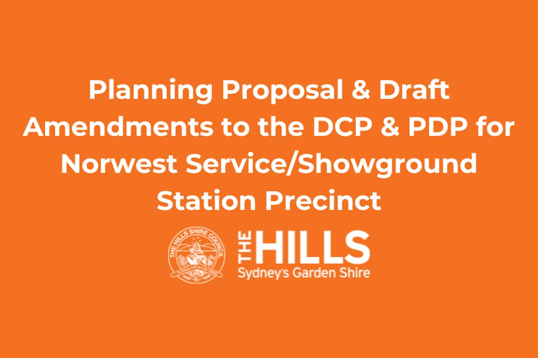 Orange tile with hills council logo and words "Planning proposal, draft amendments, dcp, pdp for norwest/showground station".