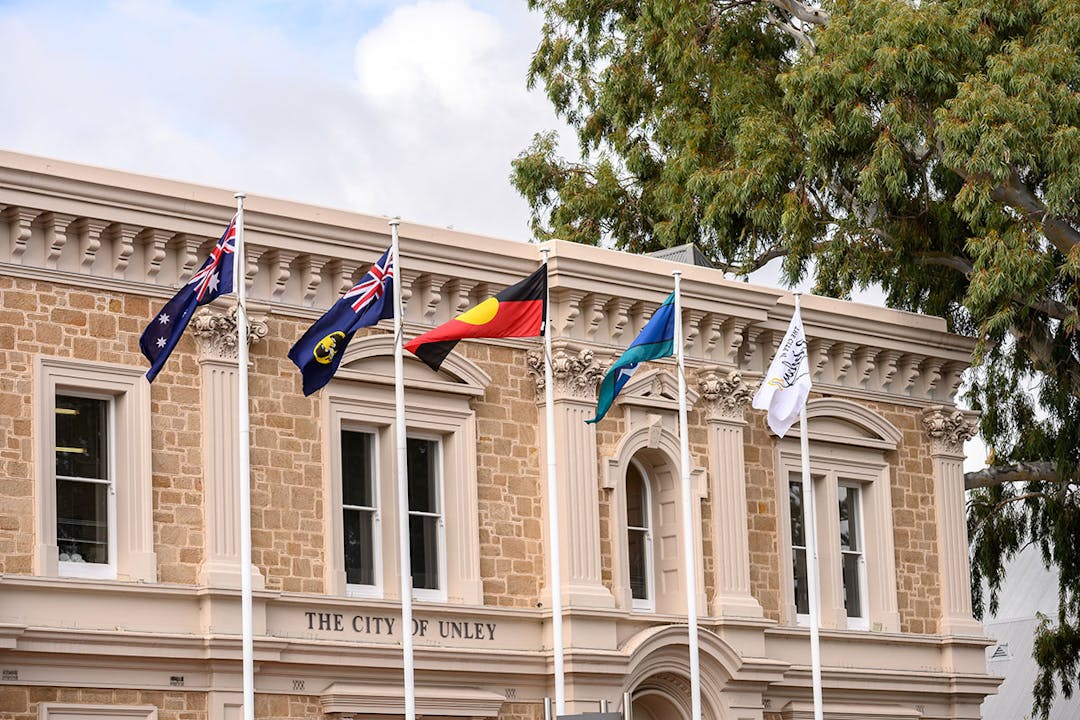 Flags flying in front of Unley Civic Centre