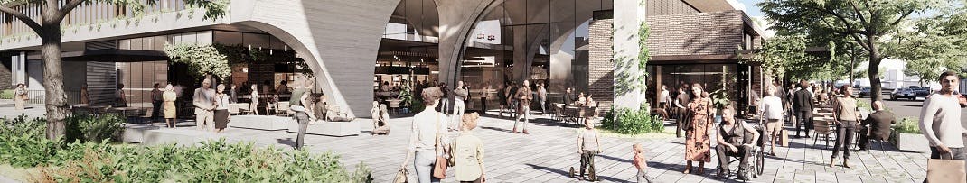 Artist impression of ground level front facade of building with people in the foreground and cafe tables and shop fronts in the background