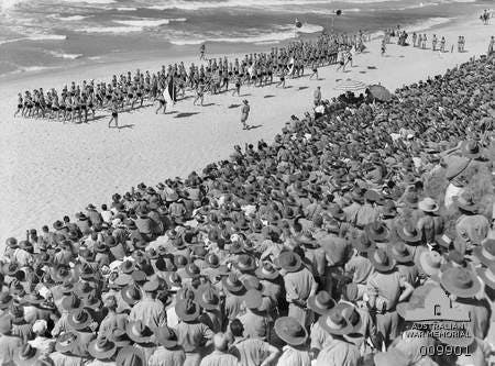 Gaza Beach. March past of Australian lifesavers 1941