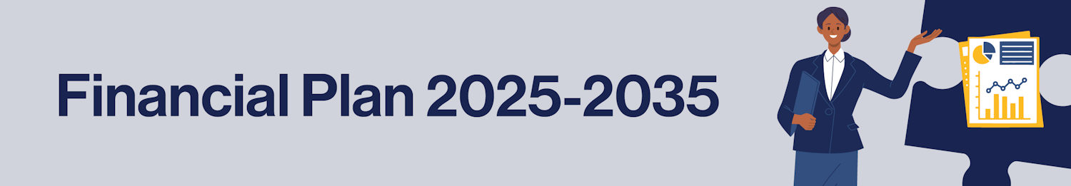 Banner for page with Text "Financial Plan 2025-2035" and drawn image of a woman, a report and a puzzle piece