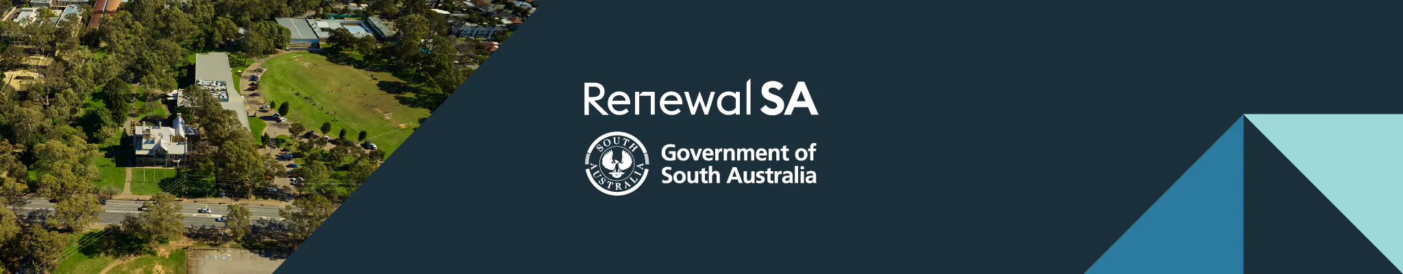 Renewal SA branded banner with overhead view of the western side of St Bernards Rd Magill Campus