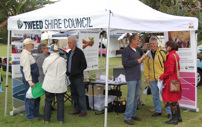 Council staff and elected members weathered very wet conditions to promote the Tweed Community Strategic Plan at the Kingscliff markets 