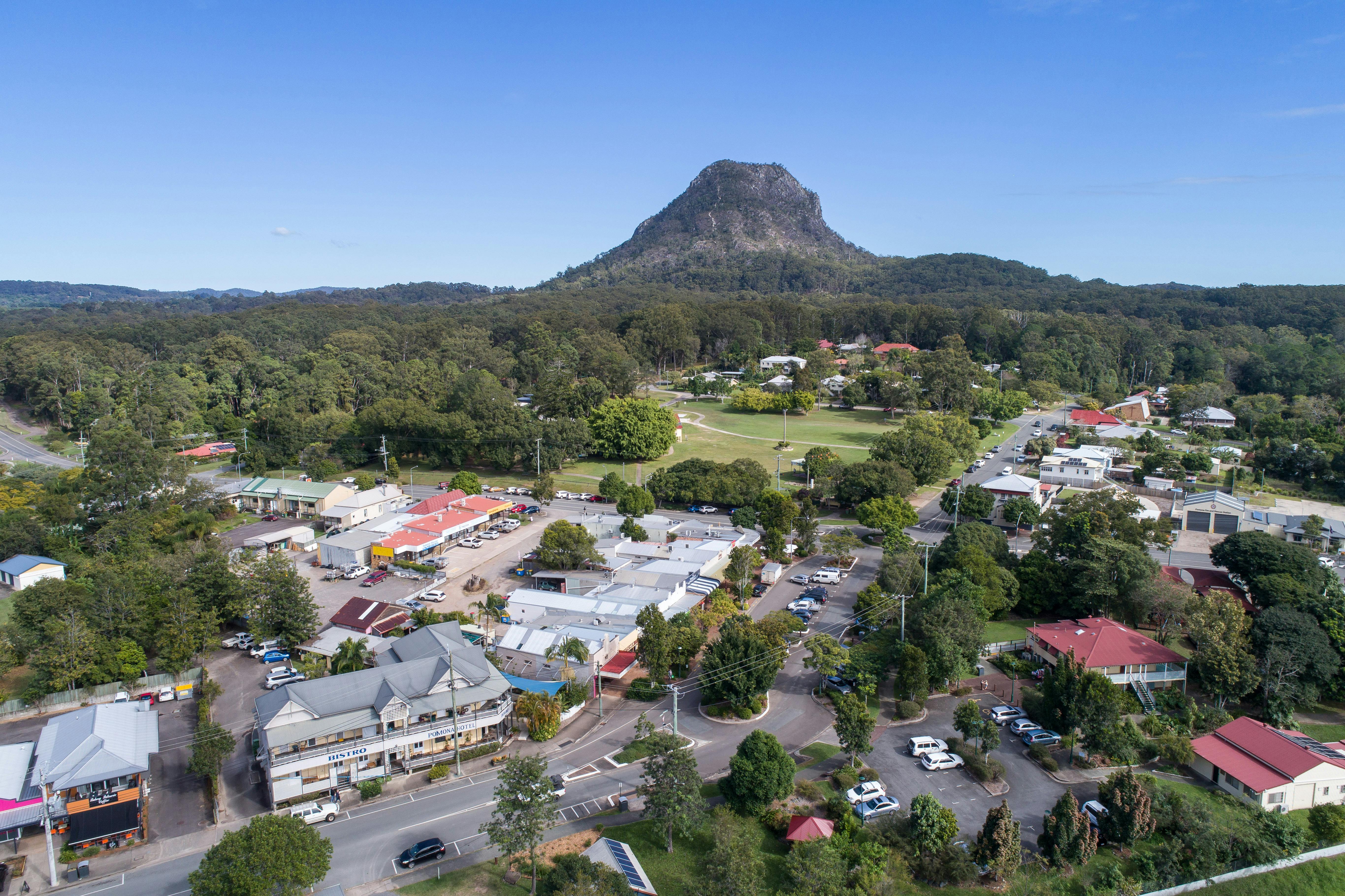 Aerial image of Pomona township in the foreground and Mt Cooroora in the background (2019)