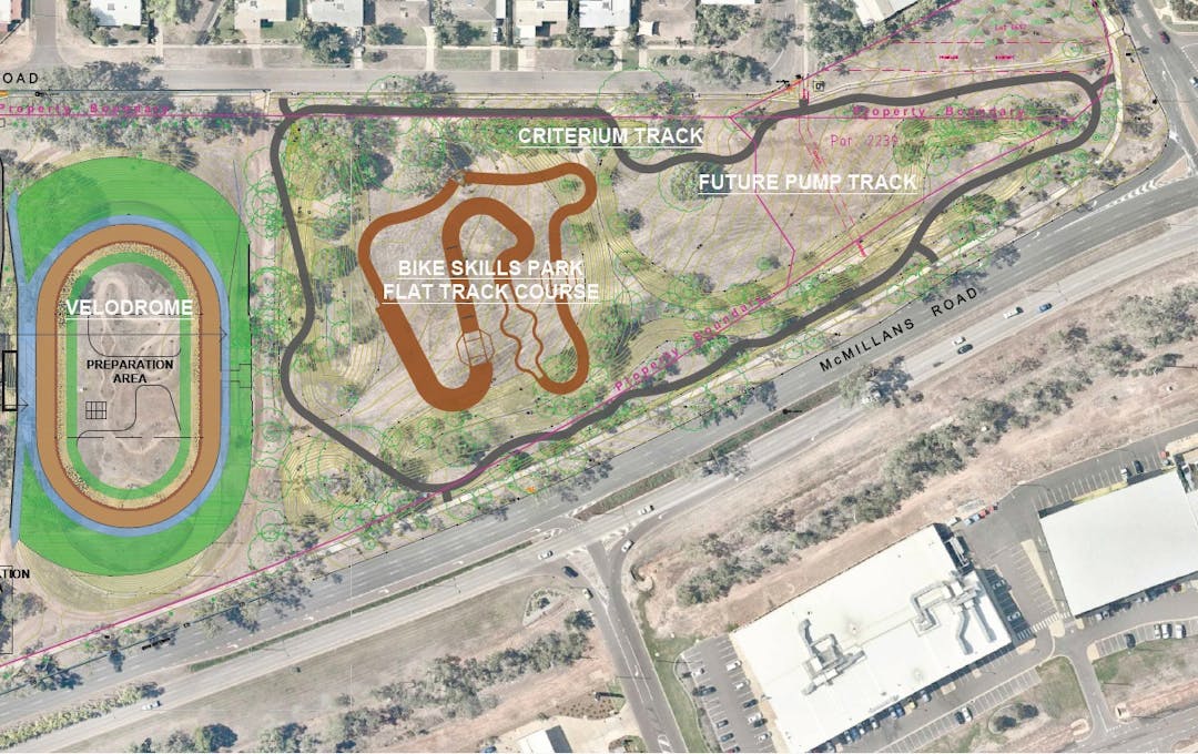Velodrome Master Plan showing the proposed relocated flat track course, criterium track and pump track location