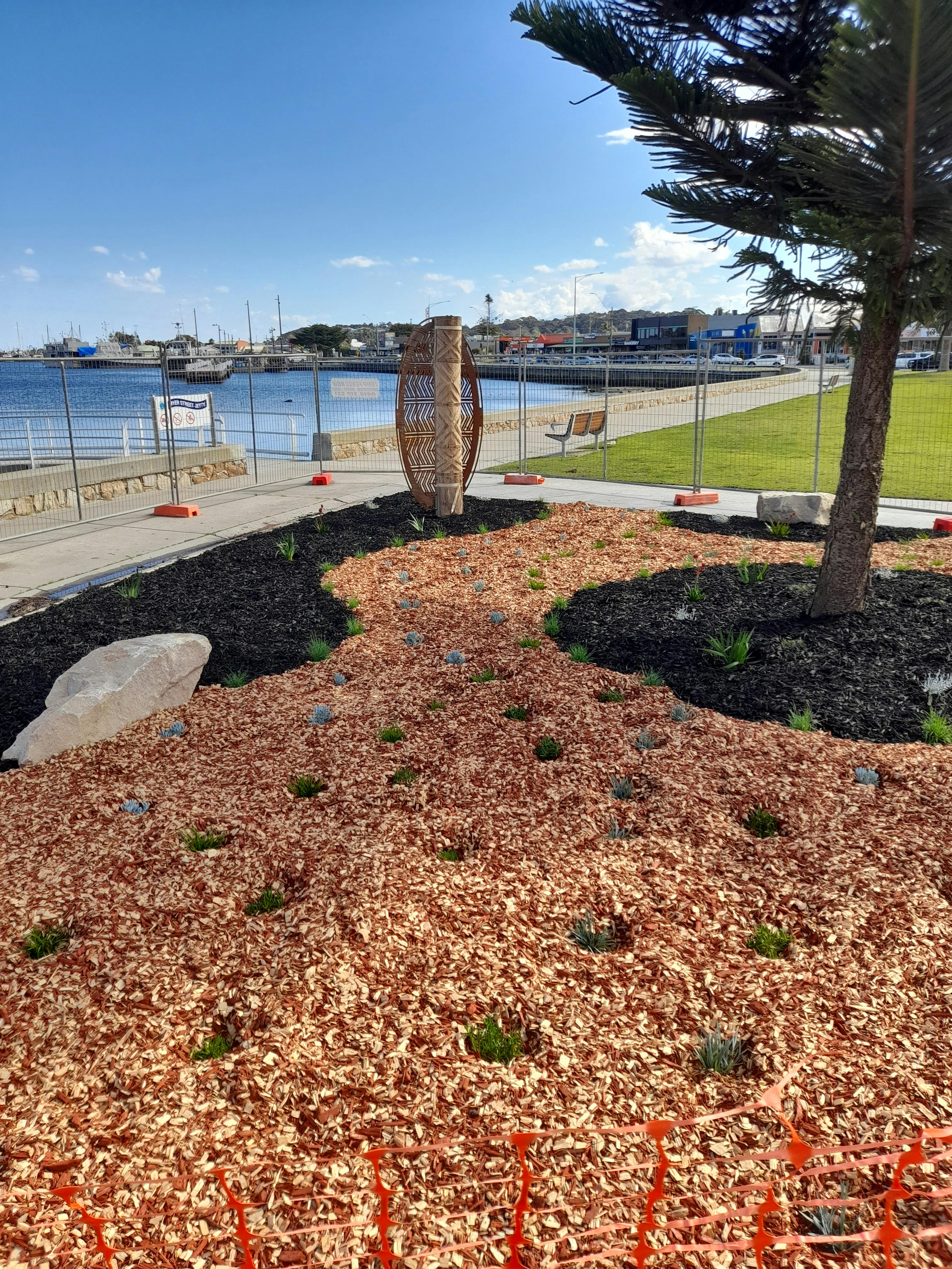30 August 2023 - planted garden beds around the shields at the North end of the Lakes Entrance footbridge