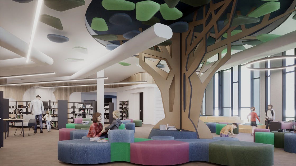 Artist impression of Children's Library with tree and colourful seating