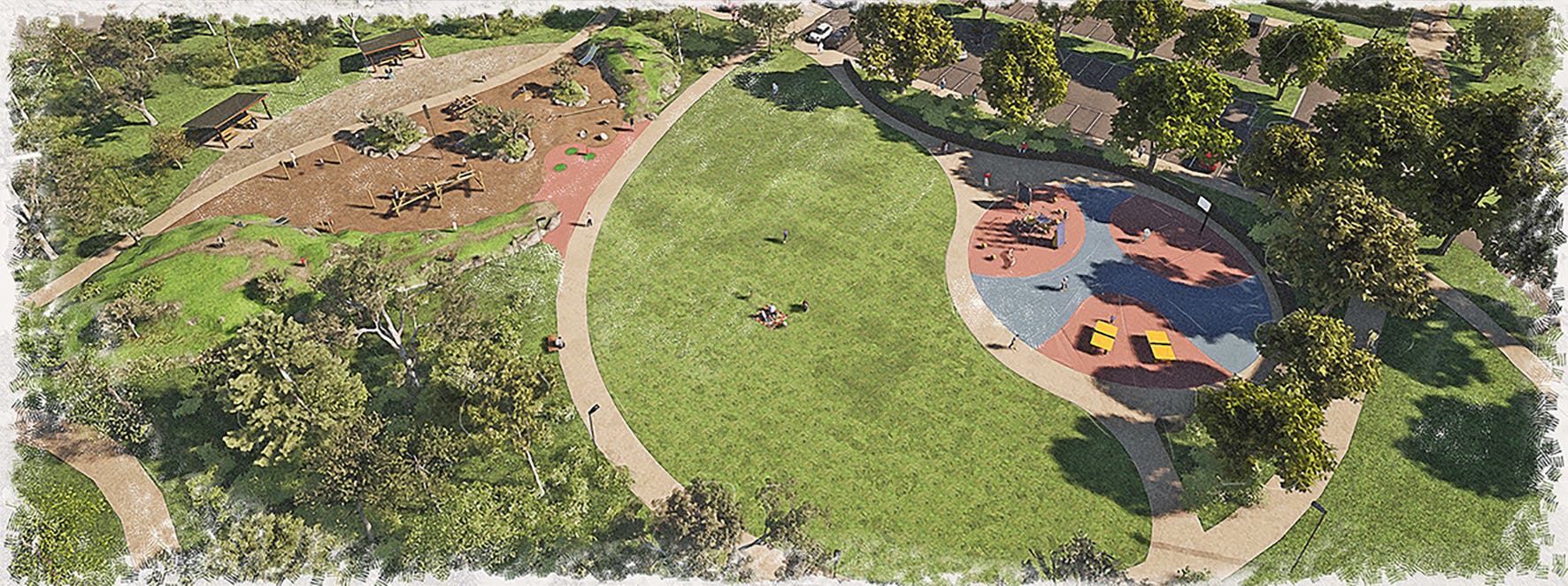 Aerial impression of upgraded playspace and landscape