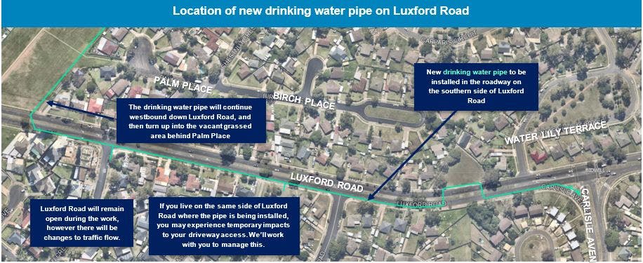 Map showing new drinking water pipe on Luxford Road.JPG