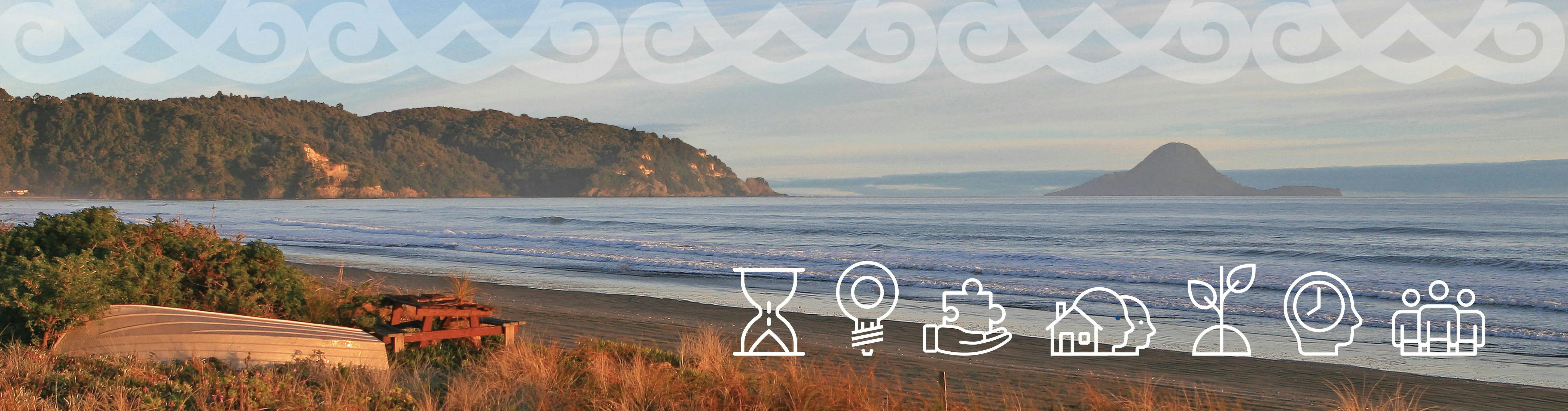 Ohope Beach with Climate Change Principle Icons