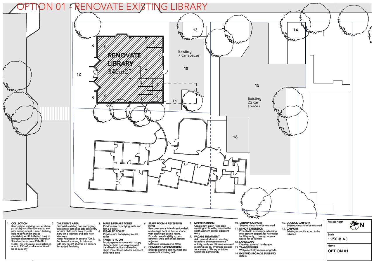 Option 01 - Renvoate existing library (335m2)
