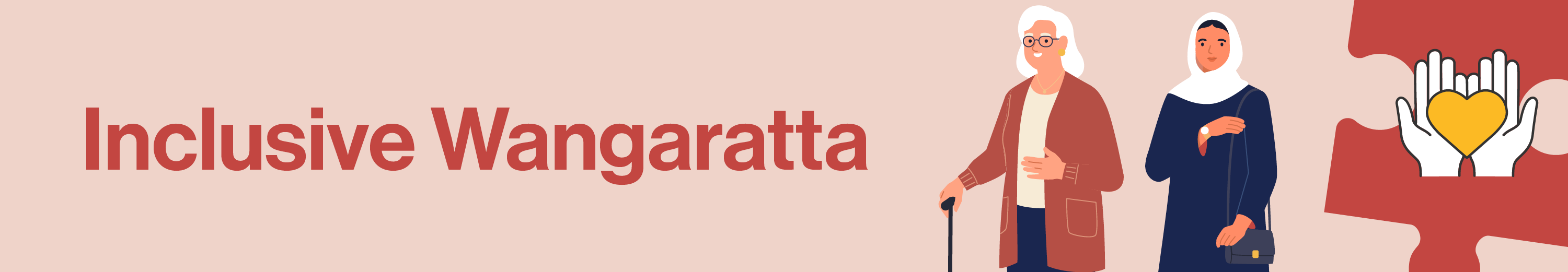 Banner with the words Inclusive Wangaratta, and two people one older with glasses and a cane, and one with headscarf