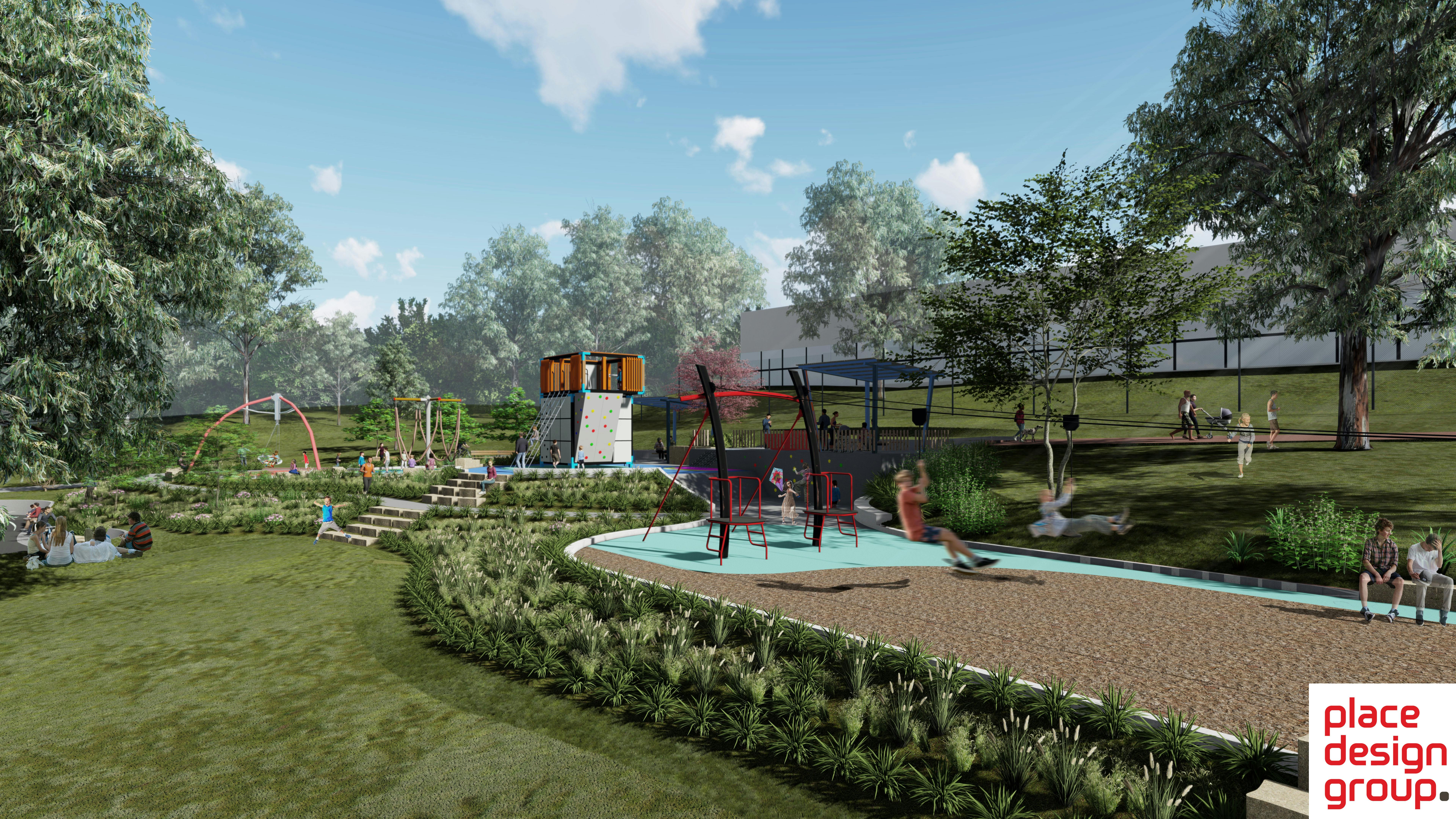 Proposed new play space at Buttenshaw Park, Springwood, featuring a double flying fox, group swing, and climbing structure. 