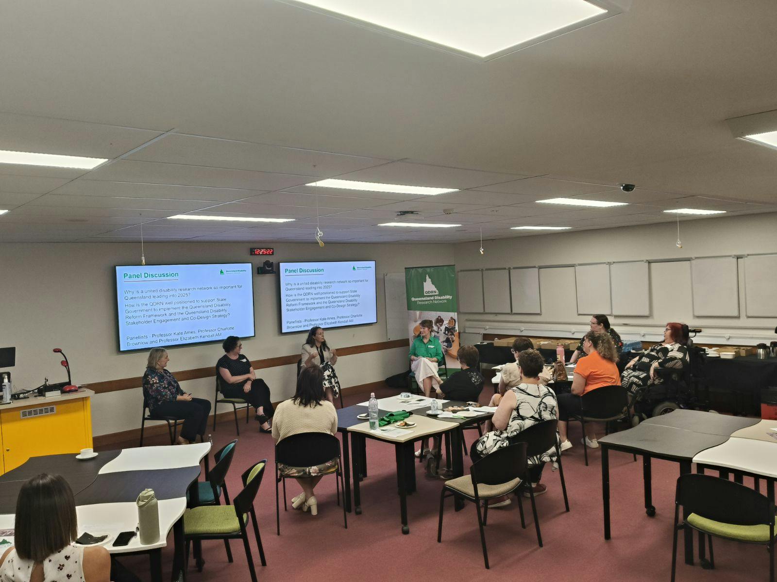 L-R: Prof. Elizabeth Kendall, Prof. Charlotte Brownlow, Prof. Kate Ames, and Dr. Talitha Kingsmill having a panel discussion at the QDRN 2024 Final Event at the University of Southern Queensland, Toowoomba Campus.