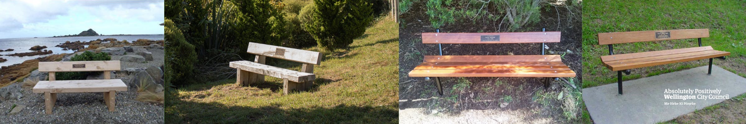 Four images of memorial benches in different parks and reserves in Wellington