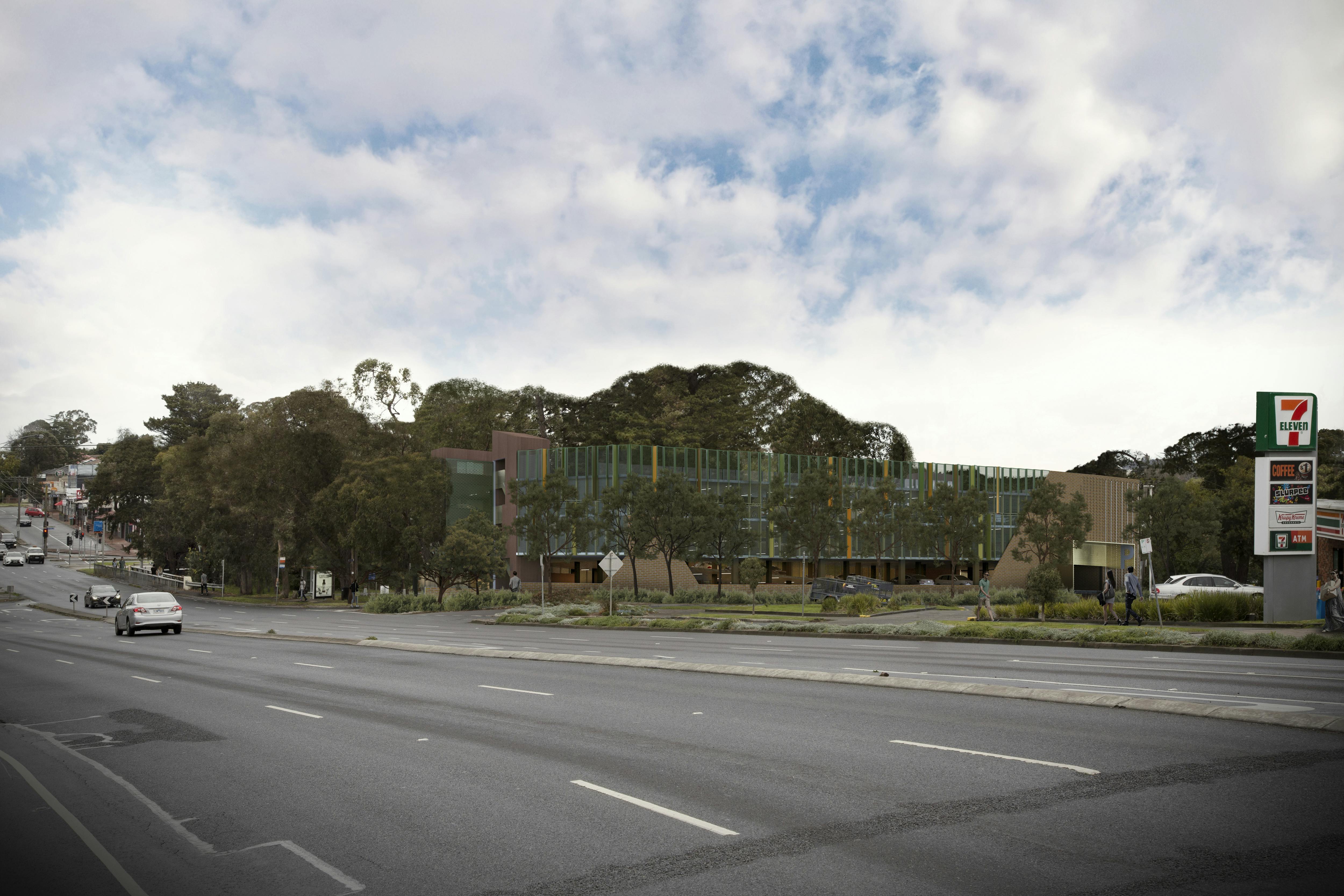 Heathmont Activity Centre Carpark view of building Canterbury Road East and existing tree canopy.jpg