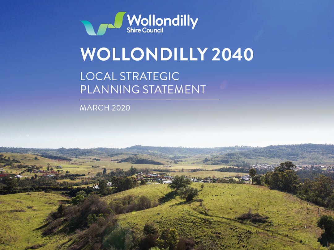 Image of the cover of the draft Wollondilly Local Strategic Planning Statement. Rolling green hills and blue sky. 