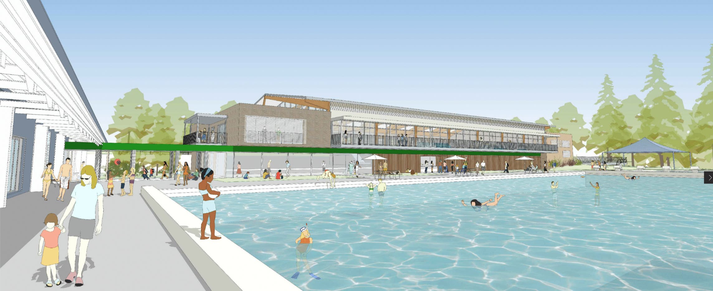 View across 50 metre pool to proposed new building  (Concept design) 