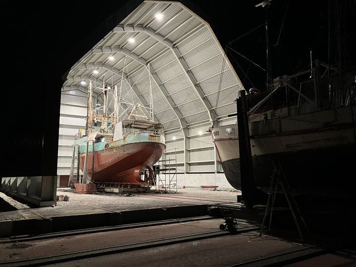 Night shot of Slip way shed