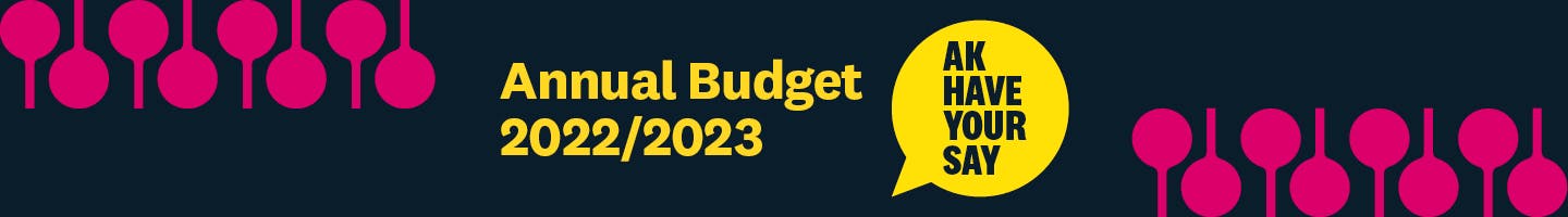 Black, pink, and yellow banner with the words 'Annual Budget 2022-2023' and 'AK Have your say'.
