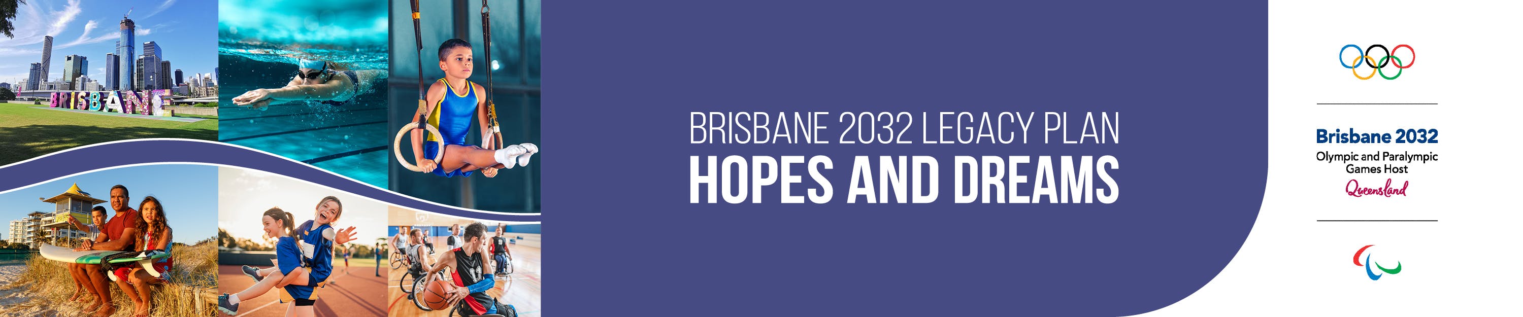  Brisbane 2032 legacy hopes & dreams banner. Images of swimmer, gymnast, indigenous family at beach & wheelchair basketball