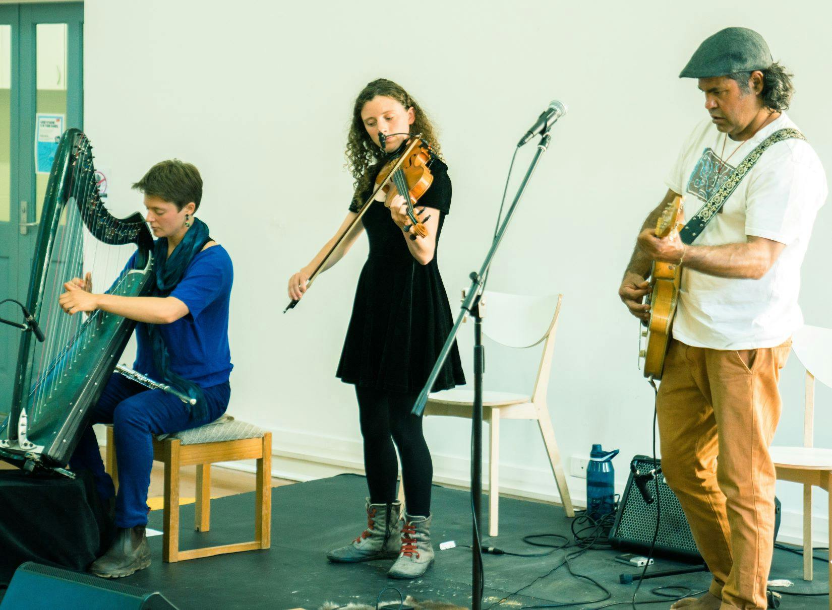 Three musicians playing harp, violin and electric guitar at the Moonah Taste of the World Storytelling Night - Multicultural Hub 2021