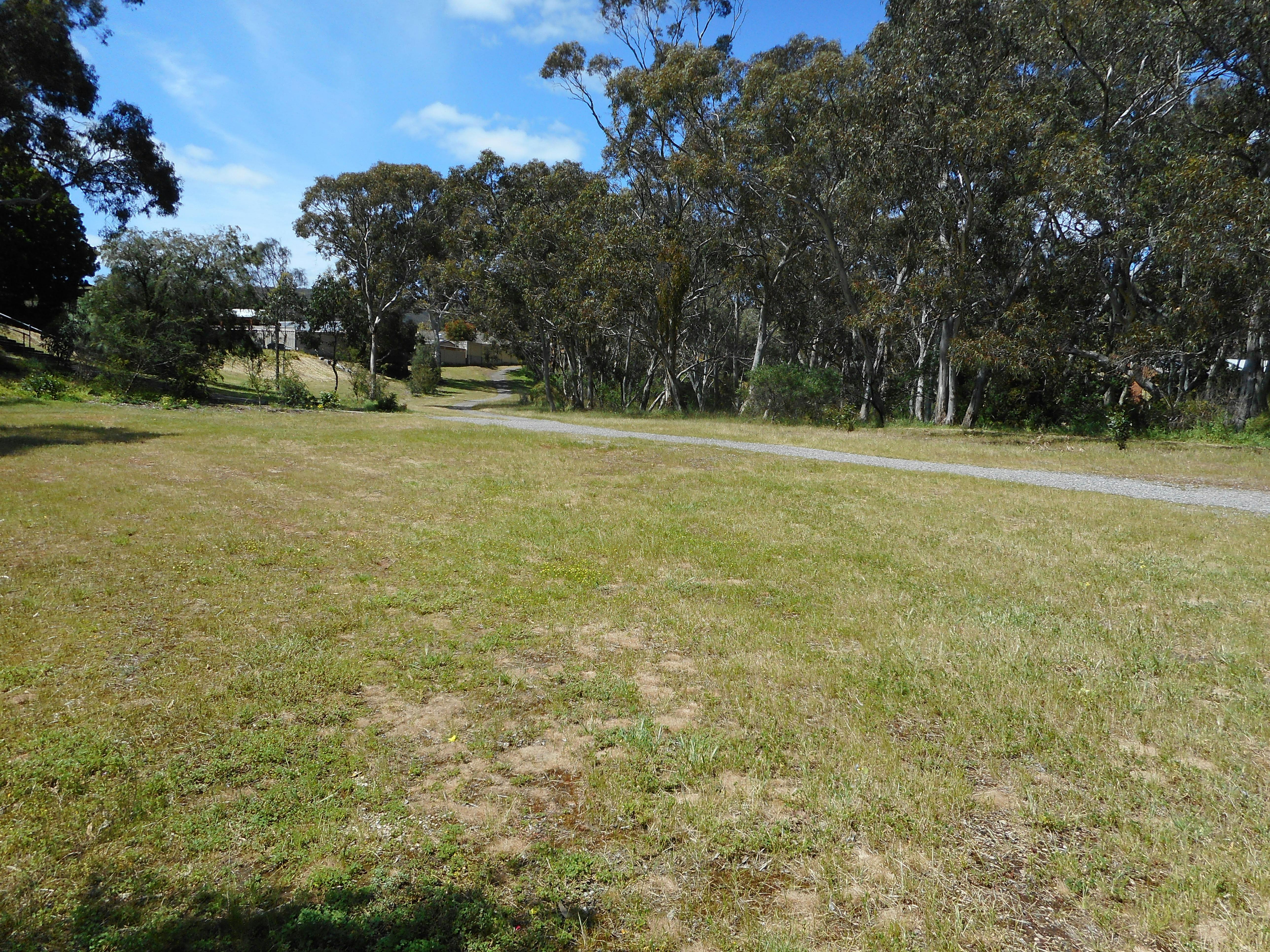 View of Kaplan Reserve in St Agnes from the end of Uthwatt Court, showing open space, path and trees