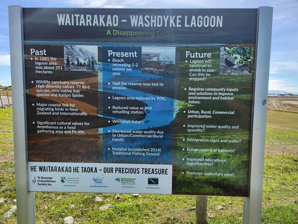The sign at the current public access-way off Bridge Road gives an overview of the past, present and future of Waitarakao Lagoon