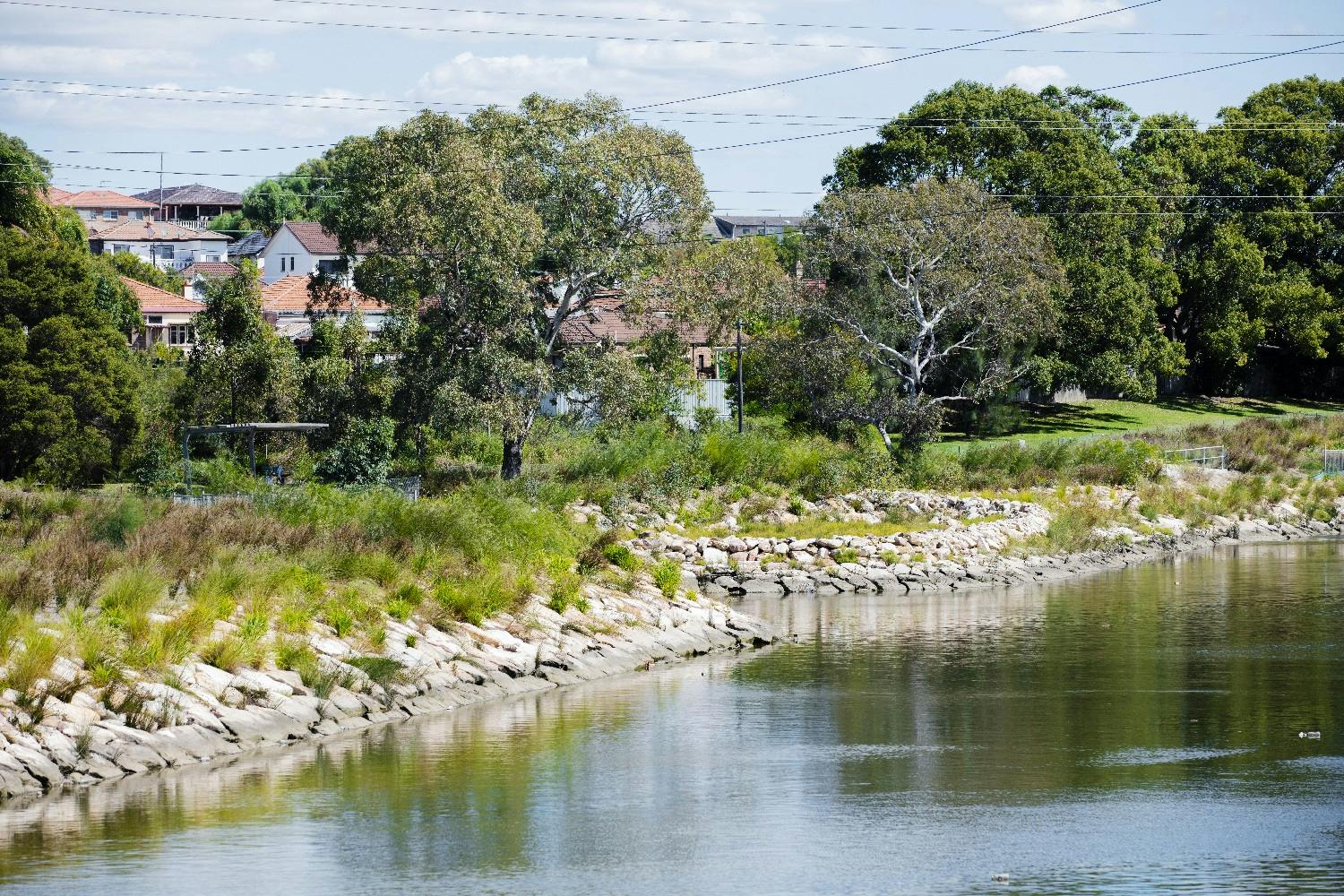 Gently sloping banks made up of sandstone boulders and low growing native plants will replace the old concrete banks (Photo Cooks River)