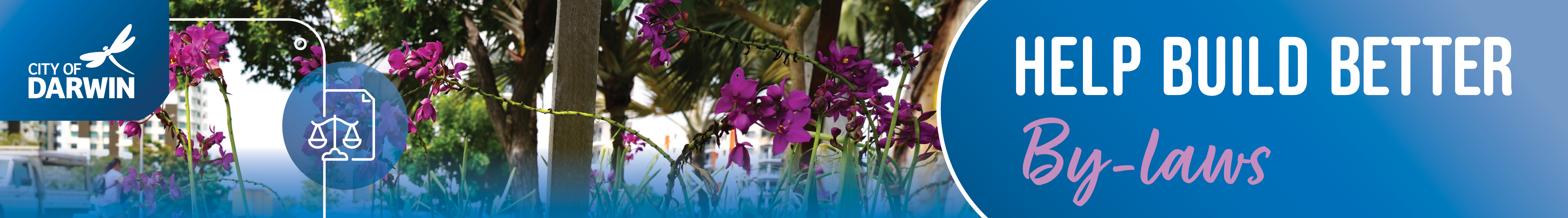 Banner image of public park with City of Darwin logo, image of scales of justice and text HELP BUILD BETTER BY-LAWS