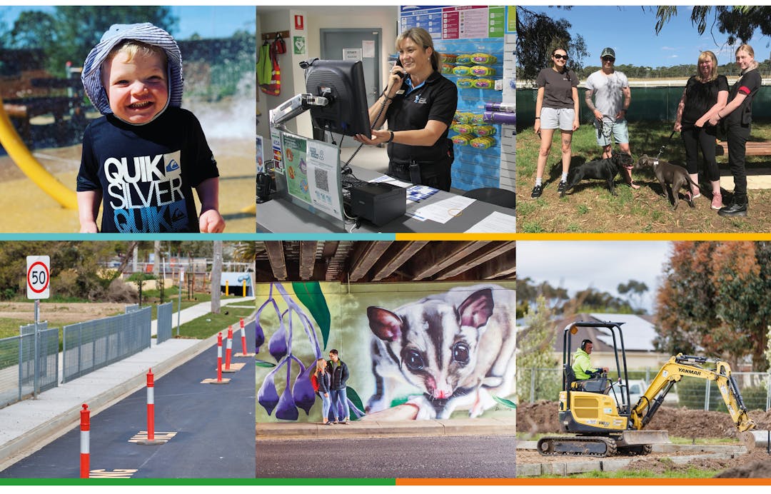 Collage boy at playground, person smiling on phone, dogs and people at park, footpath and roads, mural and machinery