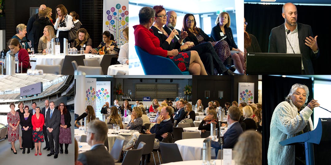 Panel Q&A at Better Health, Together Forum People sitting at tables looking at panel of speakers in Q&A panel session