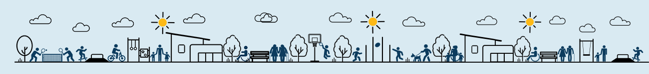 Icons of sport and recreation facilities and a building with clouds, a sun and trees