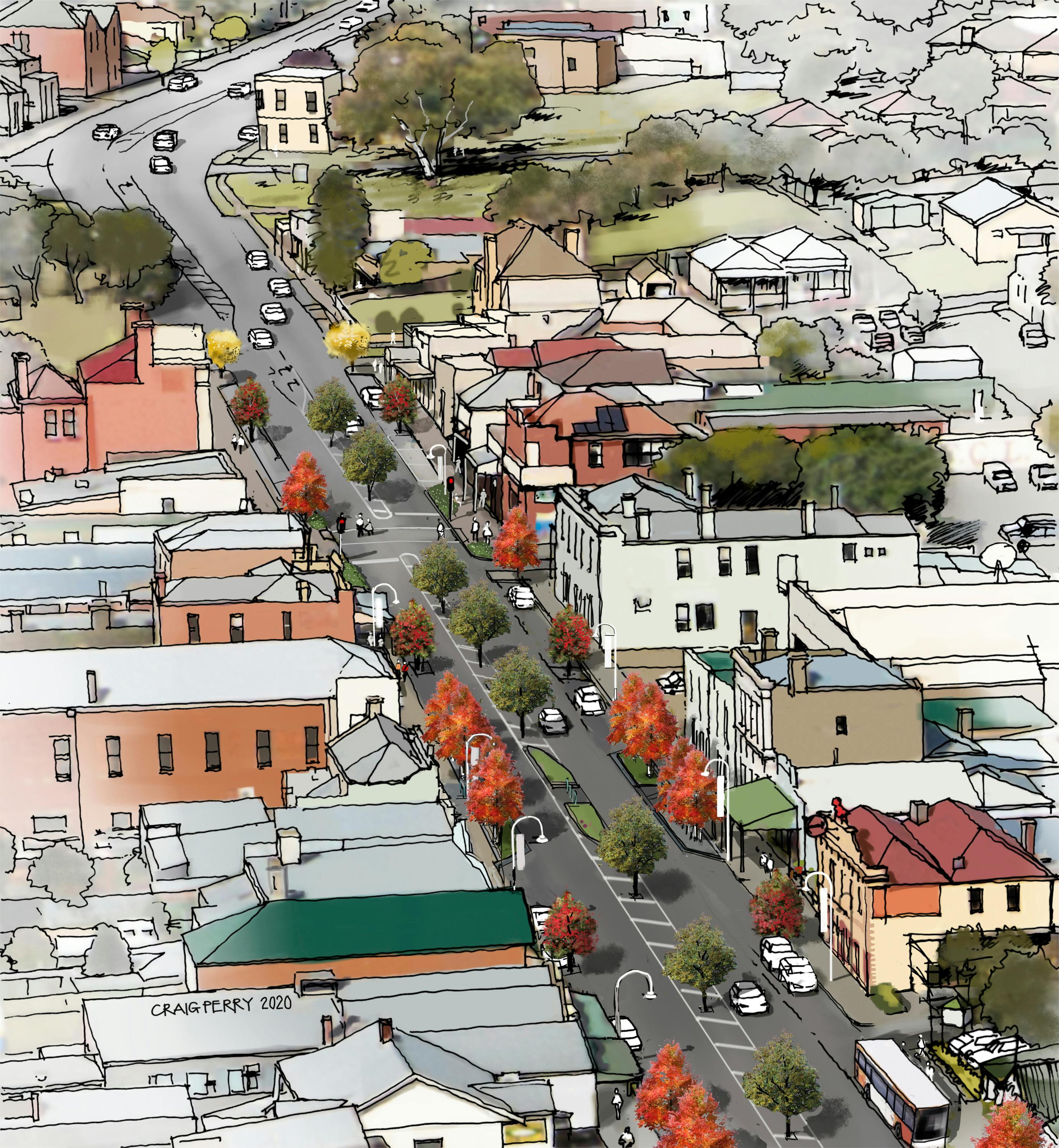 Aerial view of Sydney Street looking south after the bypass is built with possibility of centre media trees and pedestrian refuges