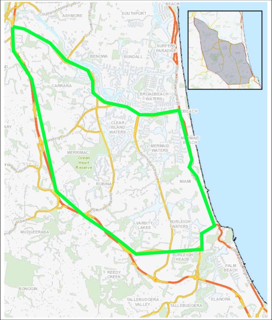 Map of the study area for the Health Study of Nerang River lakes and canals