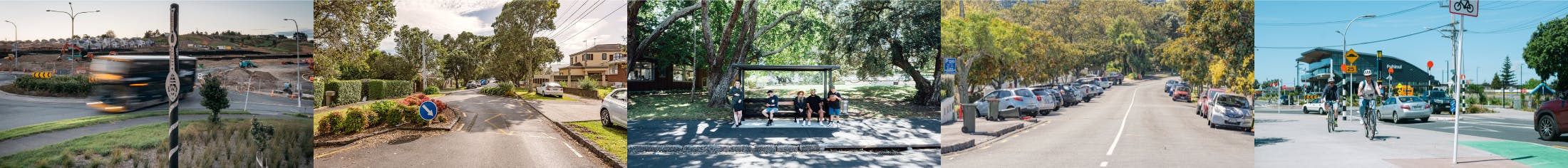 Pictures of streets with buses, cars, people on park benches, and people cycling