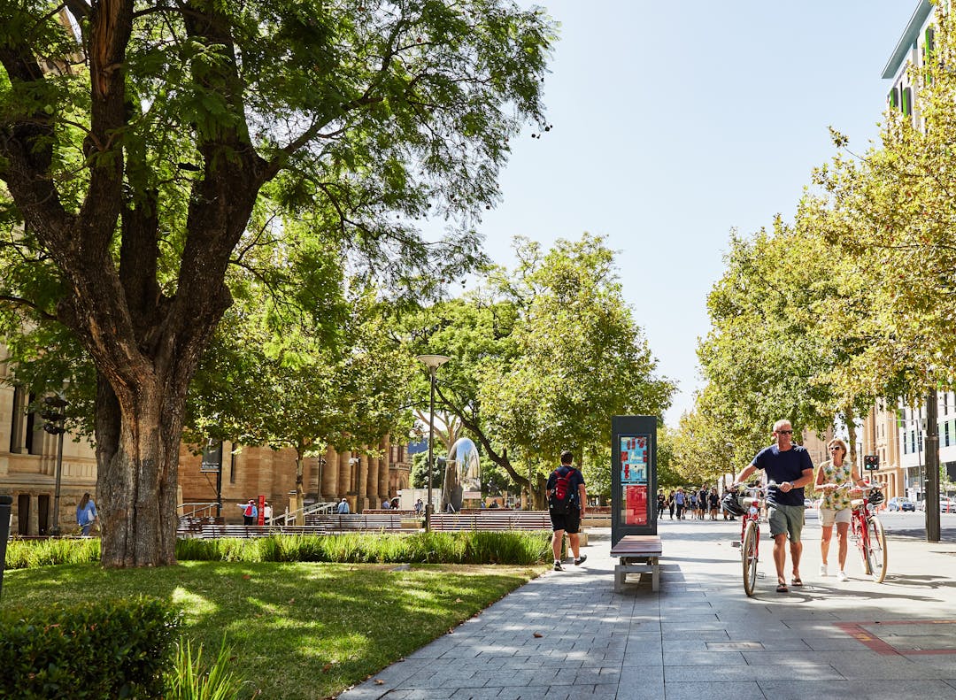Image of people walking on footpath along North Terrace, Adelaide, including a couple walking their bicycles.