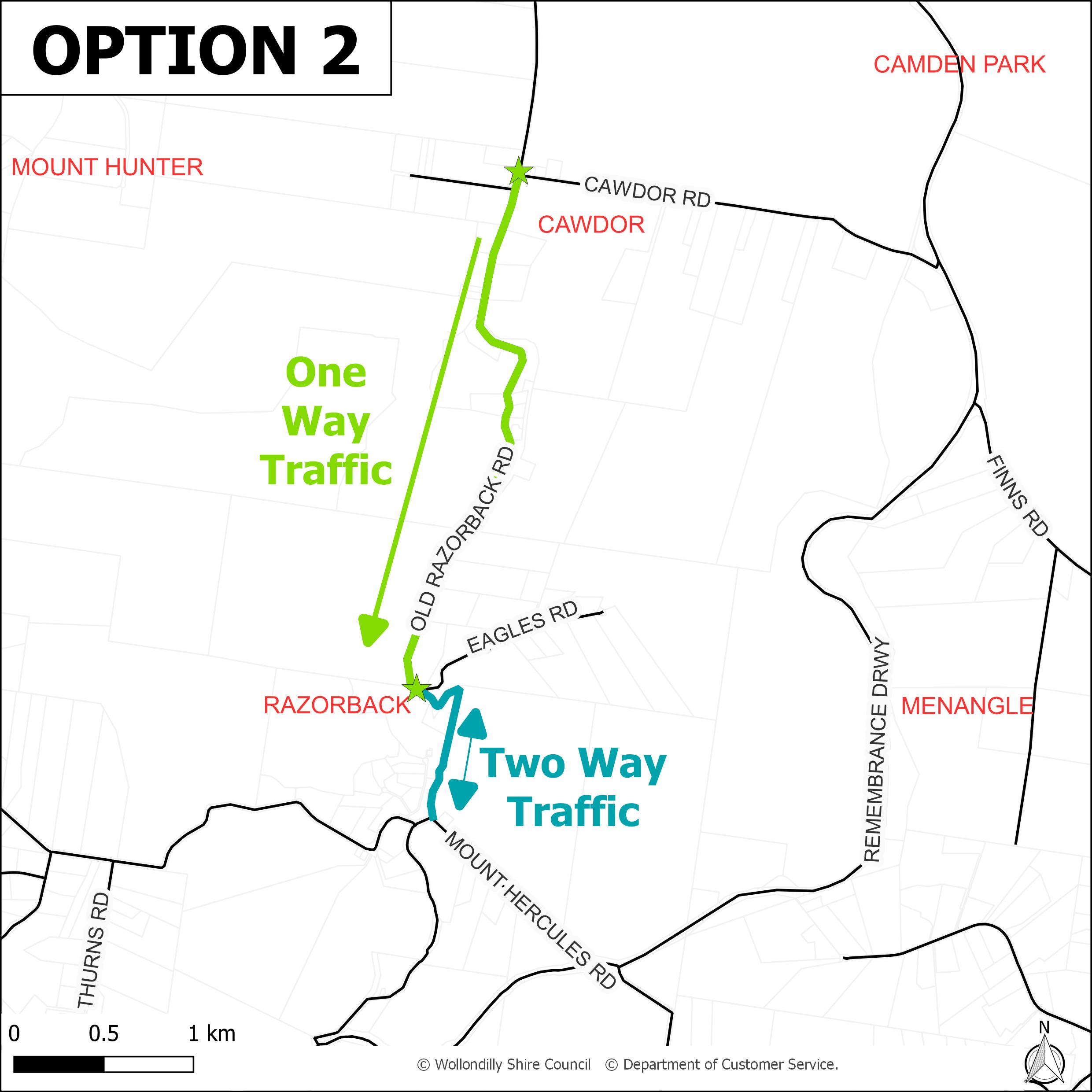 Option 2 - Partly one-way flow (two-way flow from Eagles Rd to Mt Hercules Rd) 