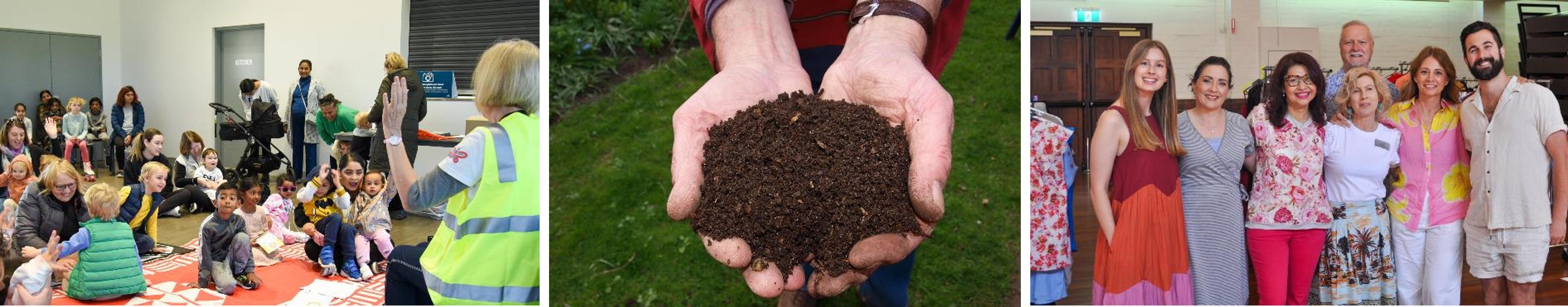 Two images of people at waste events and one image of hands holding compost