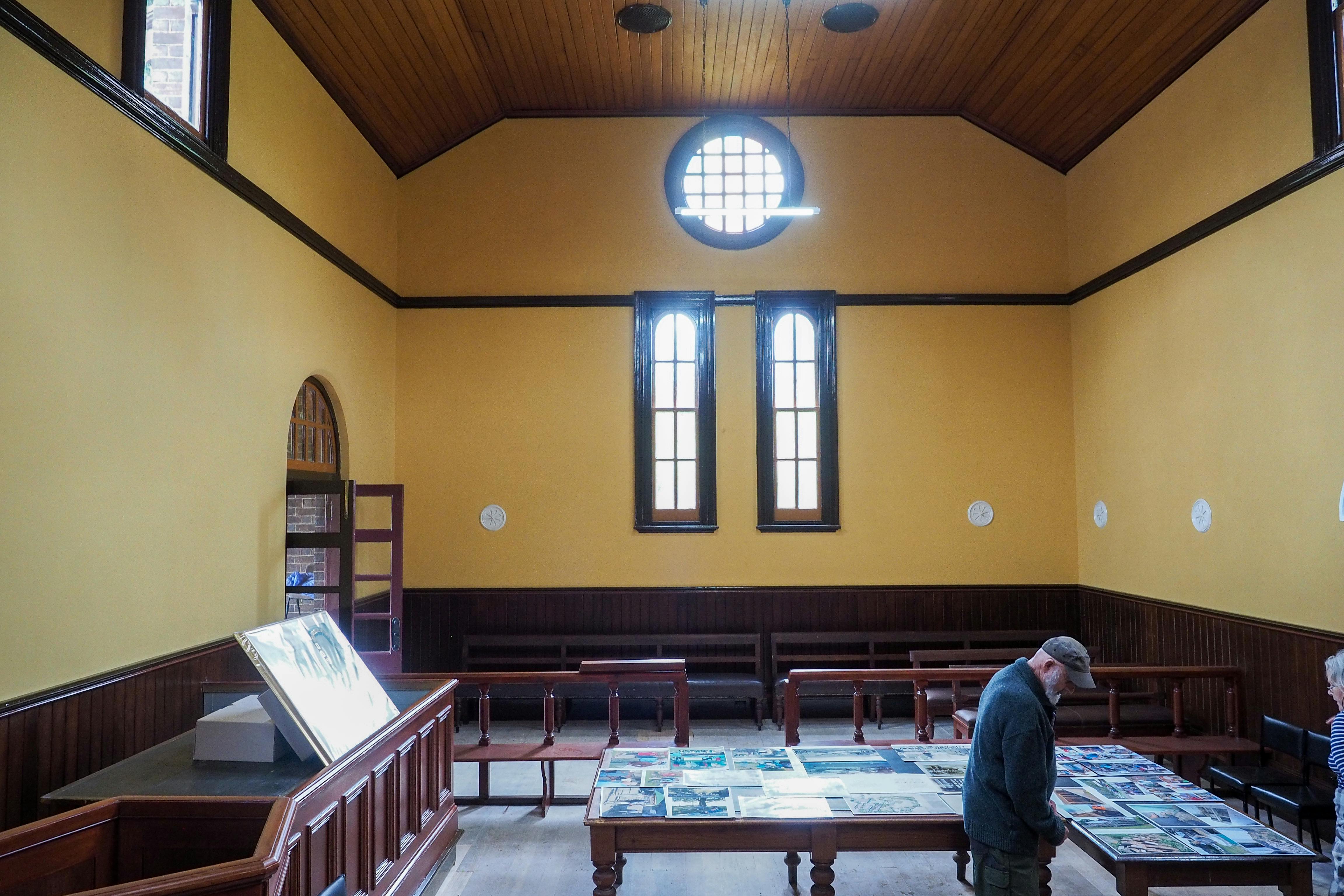 New courthouse, courtroom, eastern window, after restoration, Omeo, Oct 2022