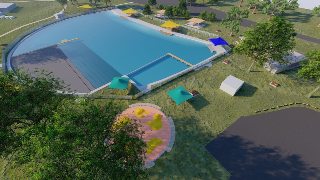 Lake aerial showing lap lanes and splash park