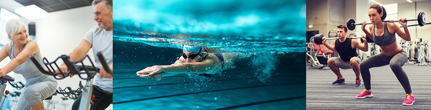 People at gym and a person swimming