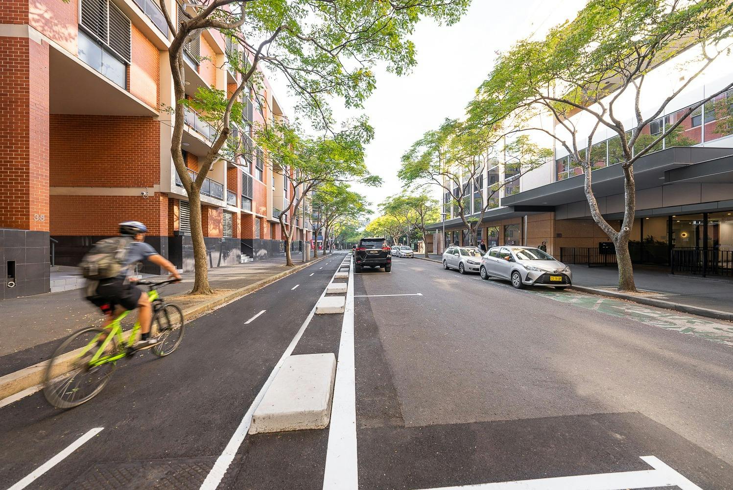 Example of a permanent installation of a protected, on-road bike lane