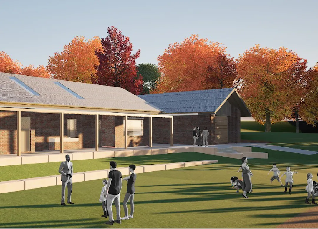 Architect's drawing of the proposed amenities block at Glenbrook Oval. A brick building with a pitched roof. 